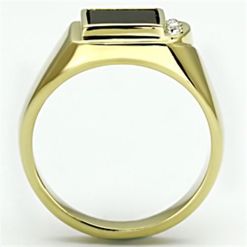 IP Gold(Ion Plating) Stainless Steel Ring with Semi-Precious Onyx in Jet