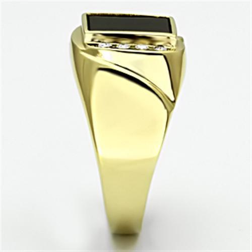 IP Gold(Ion Plating) Stainless Steel Ring with Semi-Precious Onyx in Jet
