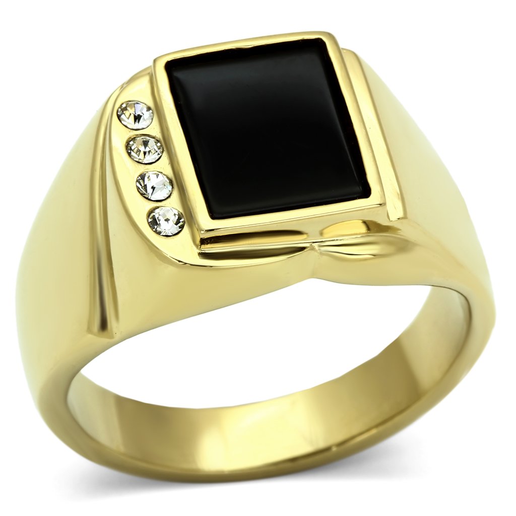 IP Gold(Ion Plating) Stainless Steel Ring with Semi-Precious Onyx in Jet