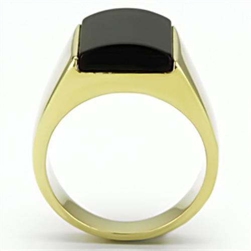 IP Gold(Ion Plating) Stainless Steel Ring with Semi-Precious Onyx in Jet