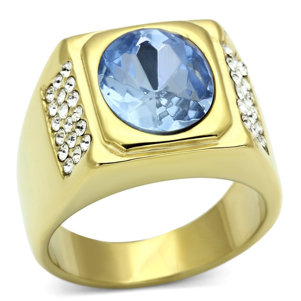IP Gold(Ion Plating) Stainless Steel Ring with Synthetic Synthetic Glass in Light Sapphire
