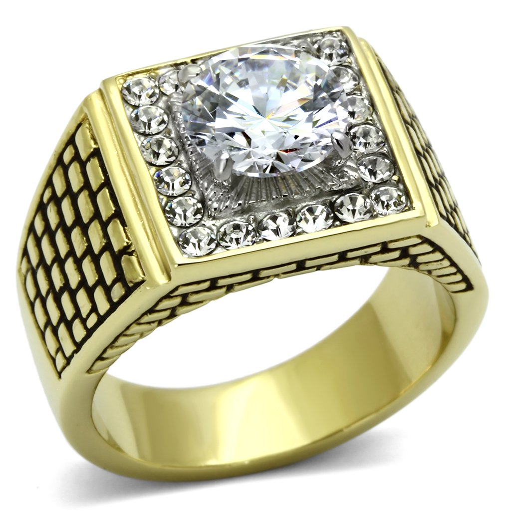 Two-Tone IP Gold (Ion Plating) Stainless Steel Ring with AAA Grade CZ  in Clear
