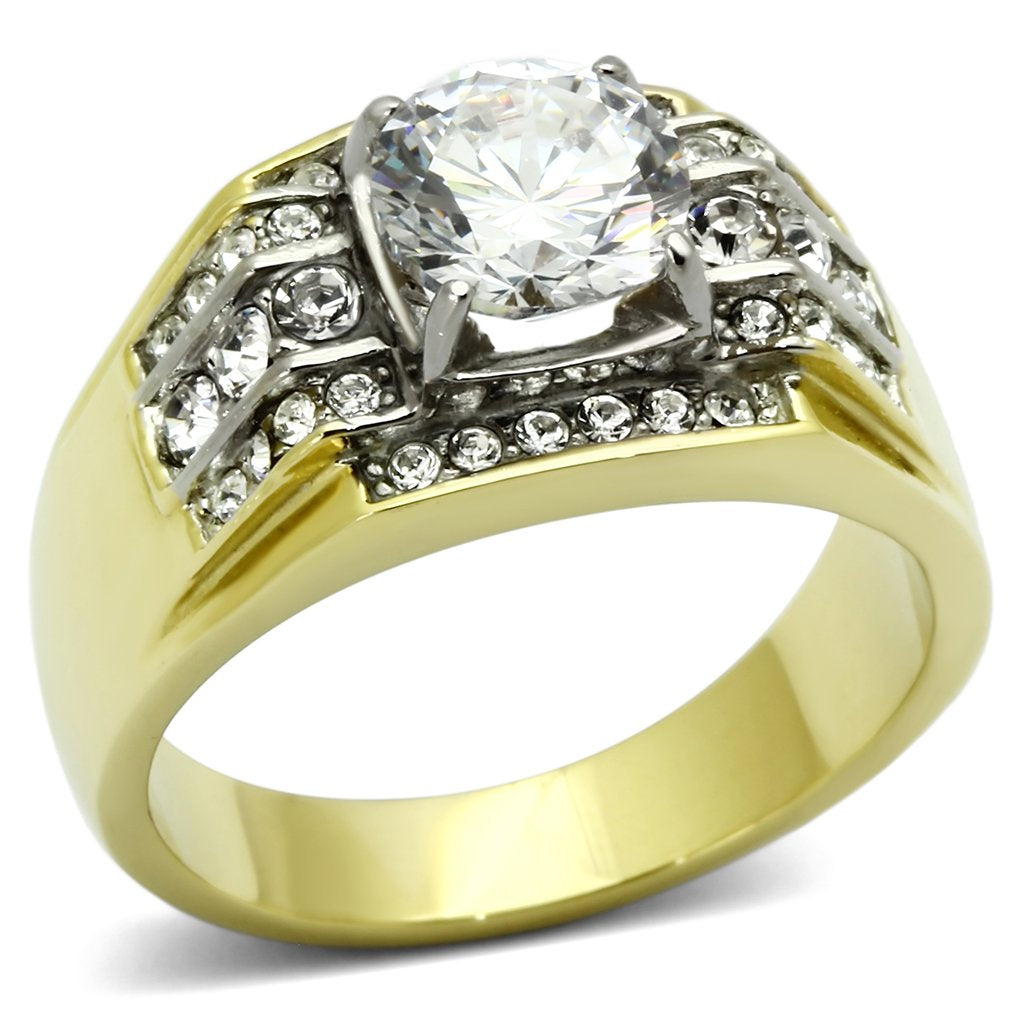 Two-Tone IP Gold (Ion Plating) Stainless Steel Ring with AAA Grade CZ  in Clear