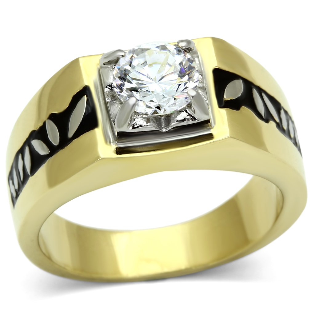 Two-Tone IP Gold (Ion Plating) Stainless Steel Ring with AAA Grade CZ  in Clear