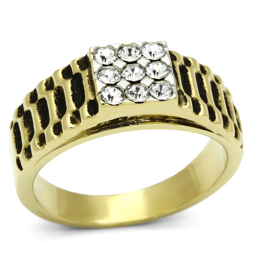 Two-Tone IP Gold (Ion Plating) Stainless Steel Ring with Top Grade Crystal  in Clear