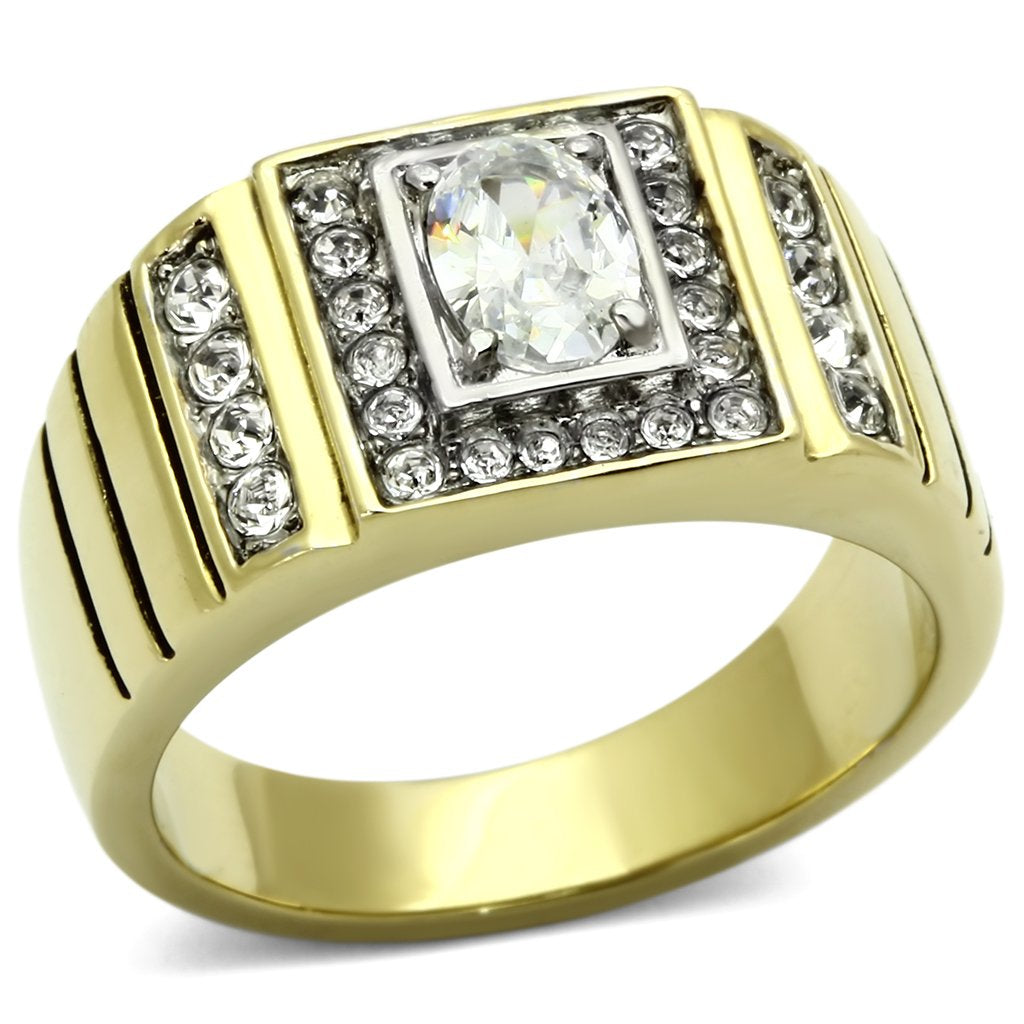 Two-Tone IP Gold (Ion Plating) Stainless Steel Ring with AAA Grade CZ  in Clear