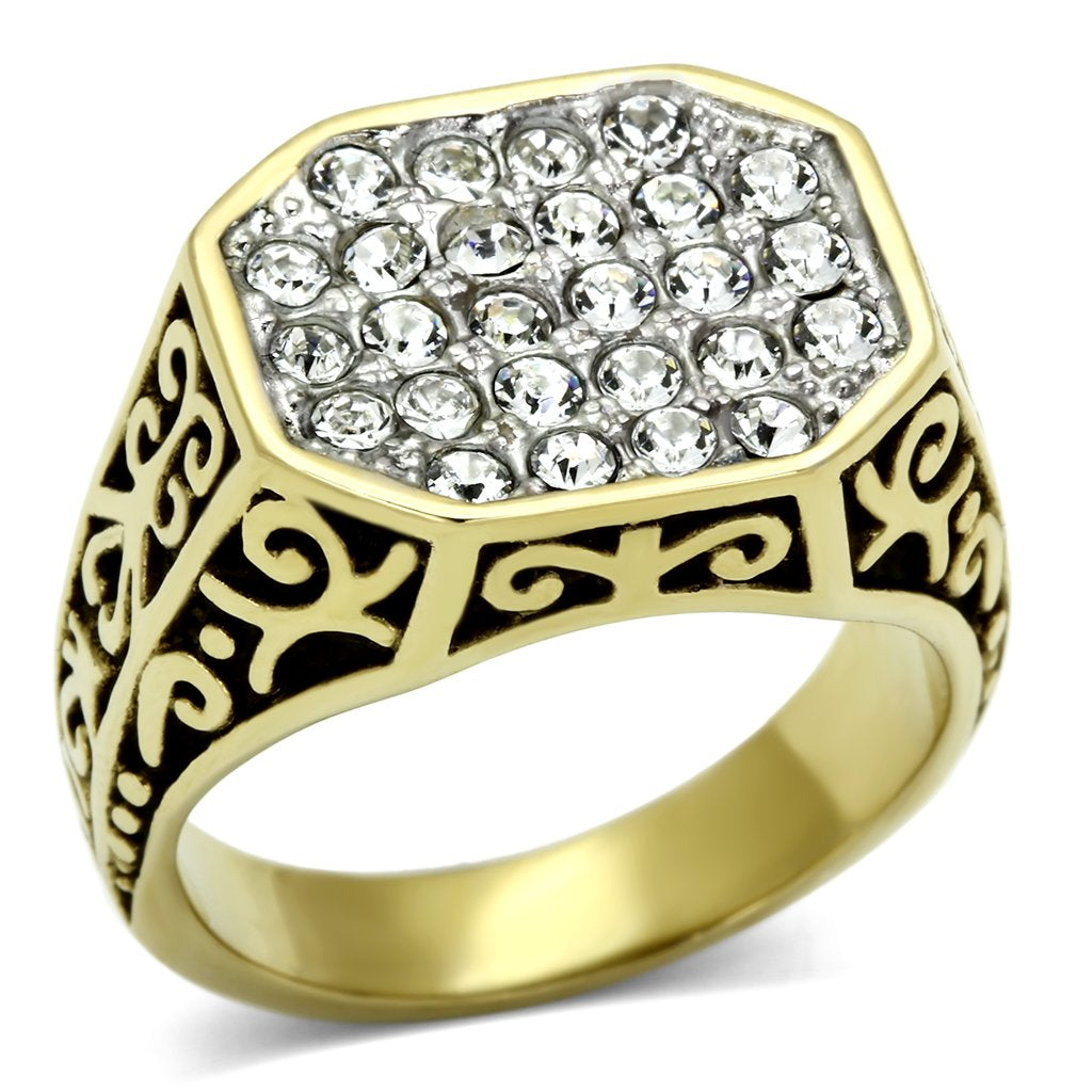 Two-Tone IP Gold (Ion Plating) Stainless Steel Ring with Top Grade Crystal  in Clear