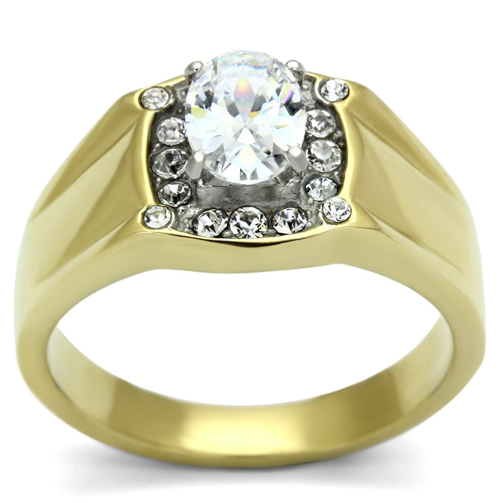 Two-Tone IP Gold (Ion Plating) Stainless Steel Ring with AAA Grade CZ  in Clear