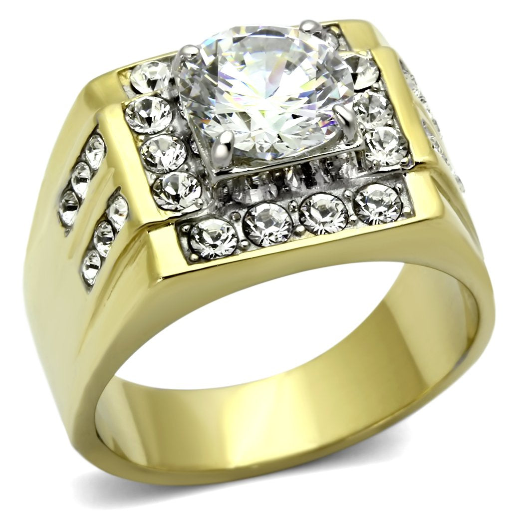 Two-Tone IP Gold (Ion Plating) Stainless Steel Ring with AAA Grade CZ  in Clear
