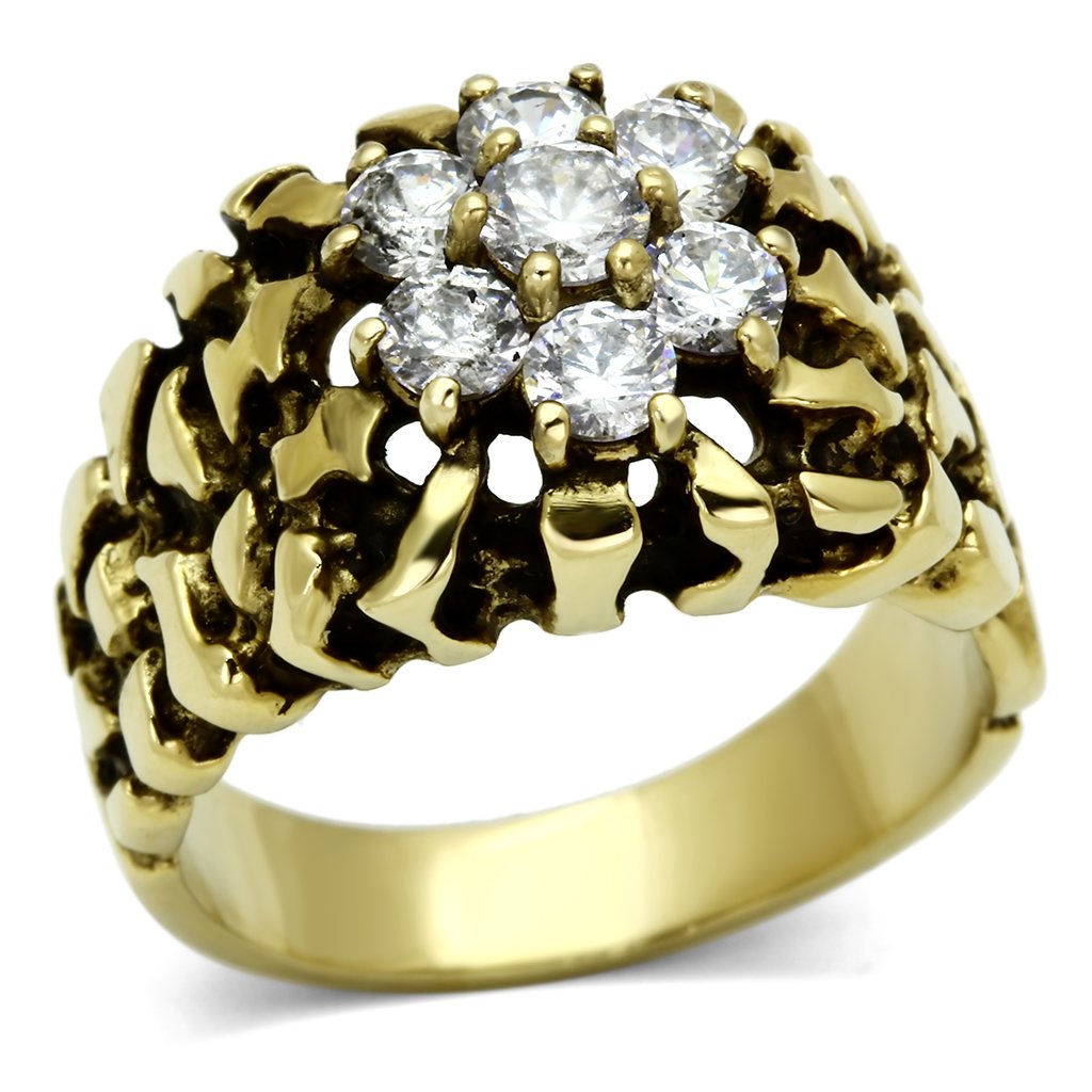 IP Gold(Ion Plating) Stainless Steel Ring with AAA Grade CZ  in Clear