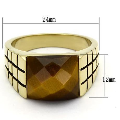 IP Gold(Ion Plating) Stainless Steel Ring with Semi-Precious Tiger Eye in Topaz
