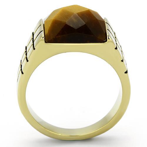 IP Gold(Ion Plating) Stainless Steel Ring with Semi-Precious Tiger Eye in Topaz