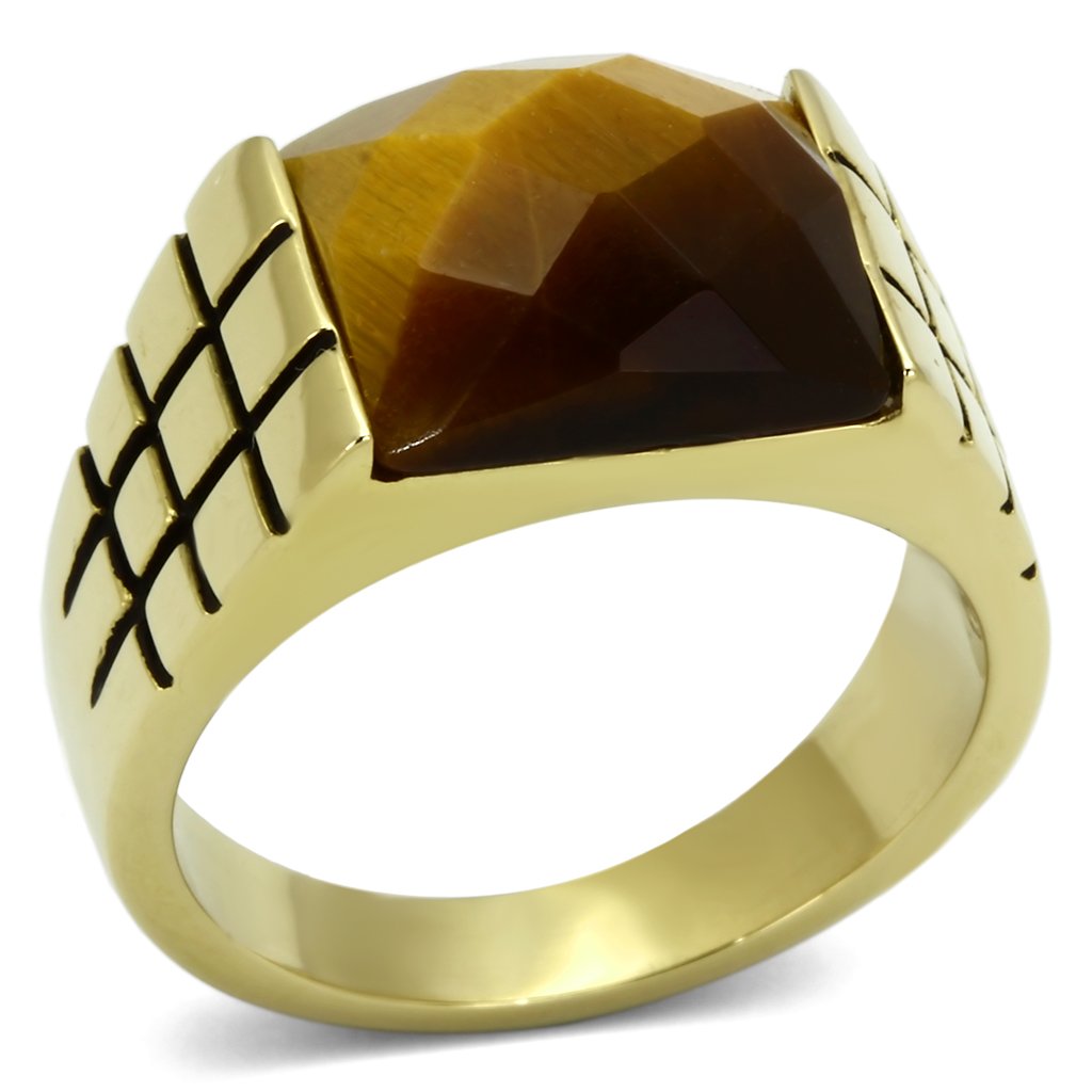 IP Gold(Ion Plating) Stainless Steel Ring with Semi-Precious Tiger Eye in Topaz