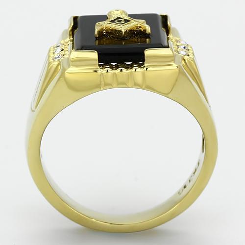 IP Gold(Ion Plating) Stainless Steel Ring with Semi-Precious Agate in Jet
