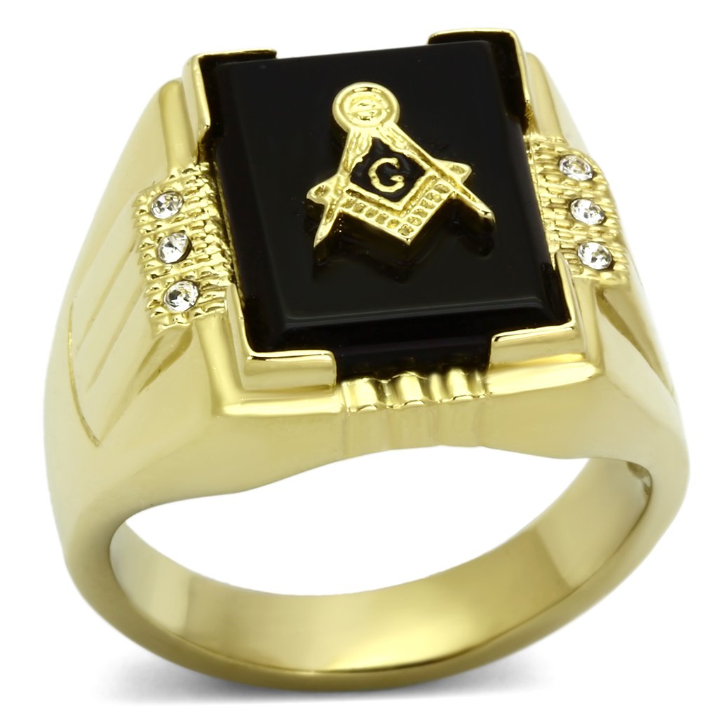 IP Gold(Ion Plating) Stainless Steel Ring with Semi-Precious Agate in Jet