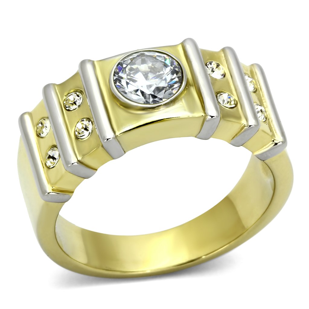 Two-Tone IP Gold (Ion Plating) Stainless Steel Ring with AAA Grade CZ  in Clear