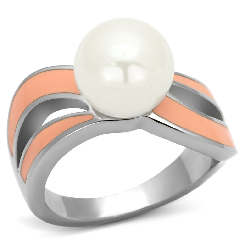 High polished (no plating) Stainless Steel Ring with Synthetic Pearl in White