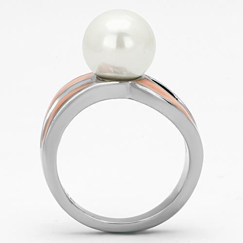 High polished (no plating) Stainless Steel Ring with Synthetic Pearl in White