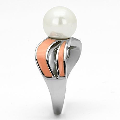 High polished (no plating) Stainless Steel Ring with Synthetic Pearl in White