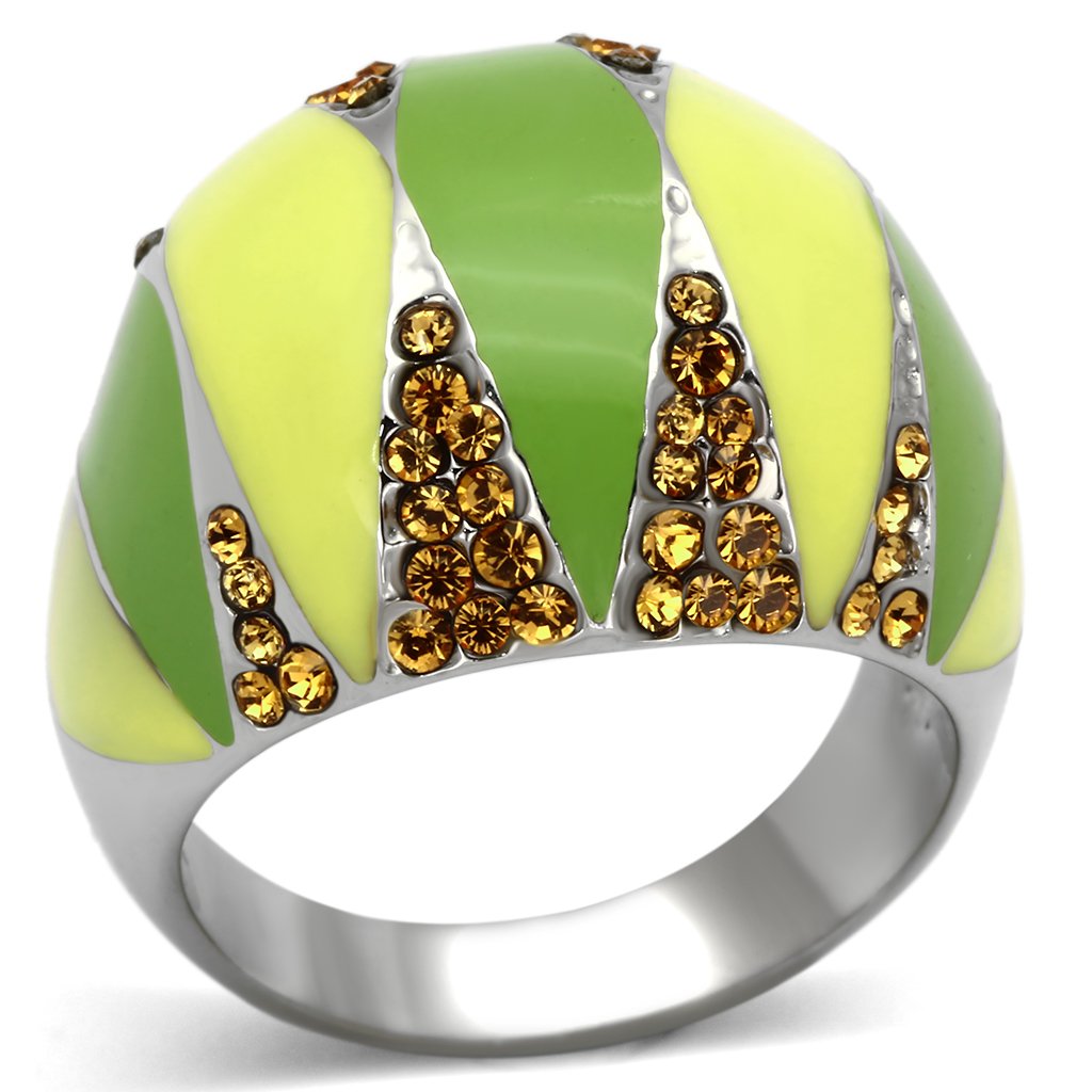 High polished (no plating) Stainless Steel Ring with Top Grade Crystal  in Topaz