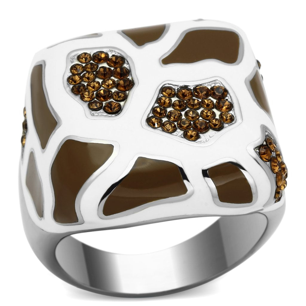High polished (no plating) Stainless Steel Ring with Top Grade Crystal  in Smoked Quartz