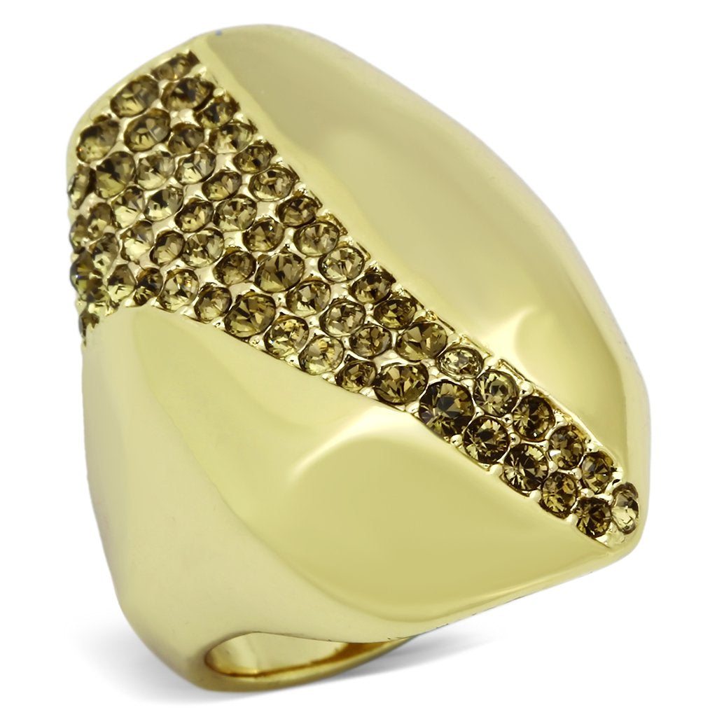 IP Gold(Ion Plating) Stainless Steel Ring with Top Grade Crystal  in Smoked Quartz