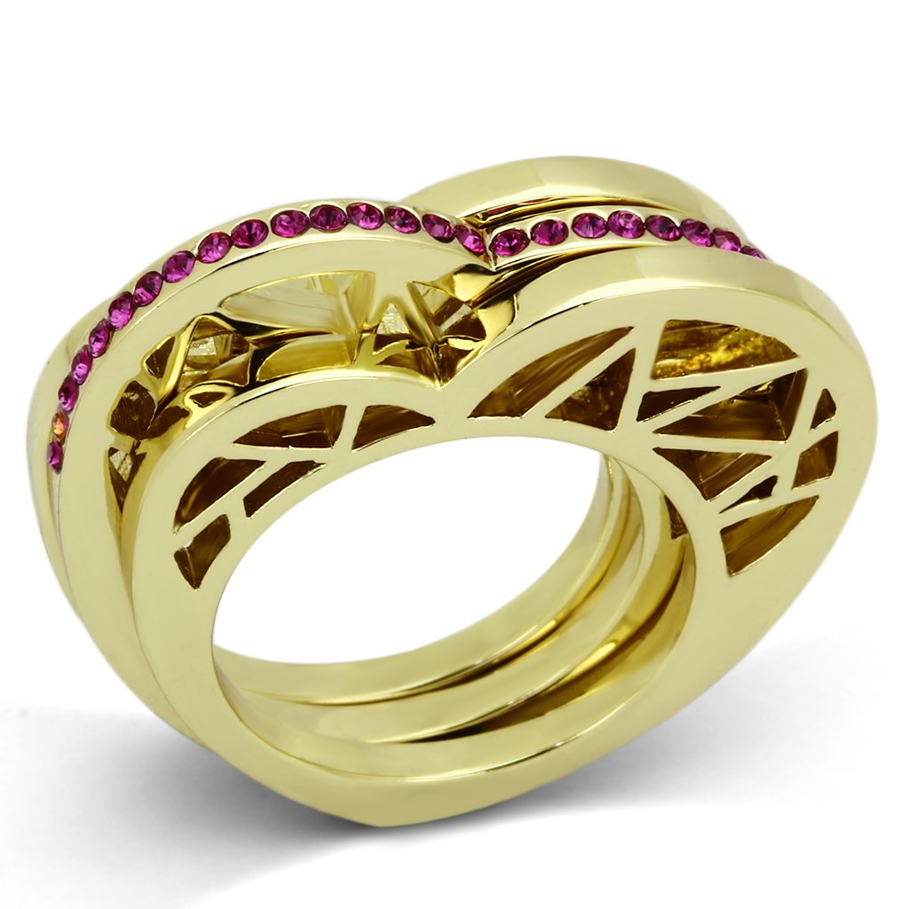 IP Gold(Ion Plating) Stainless Steel Ring with Top Grade Crystal  in Fuchsia
