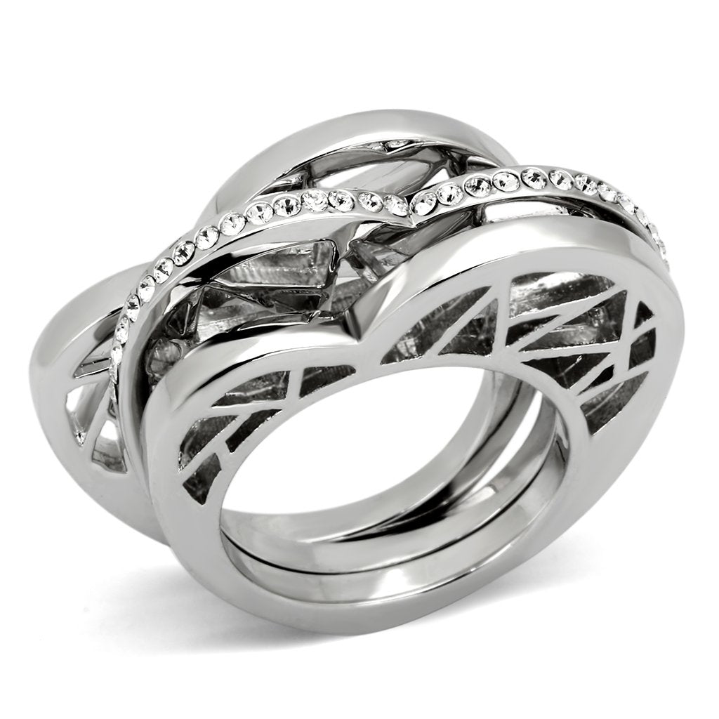 High polished (no plating) Stainless Steel Ring with Top Grade Crystal  in Clear