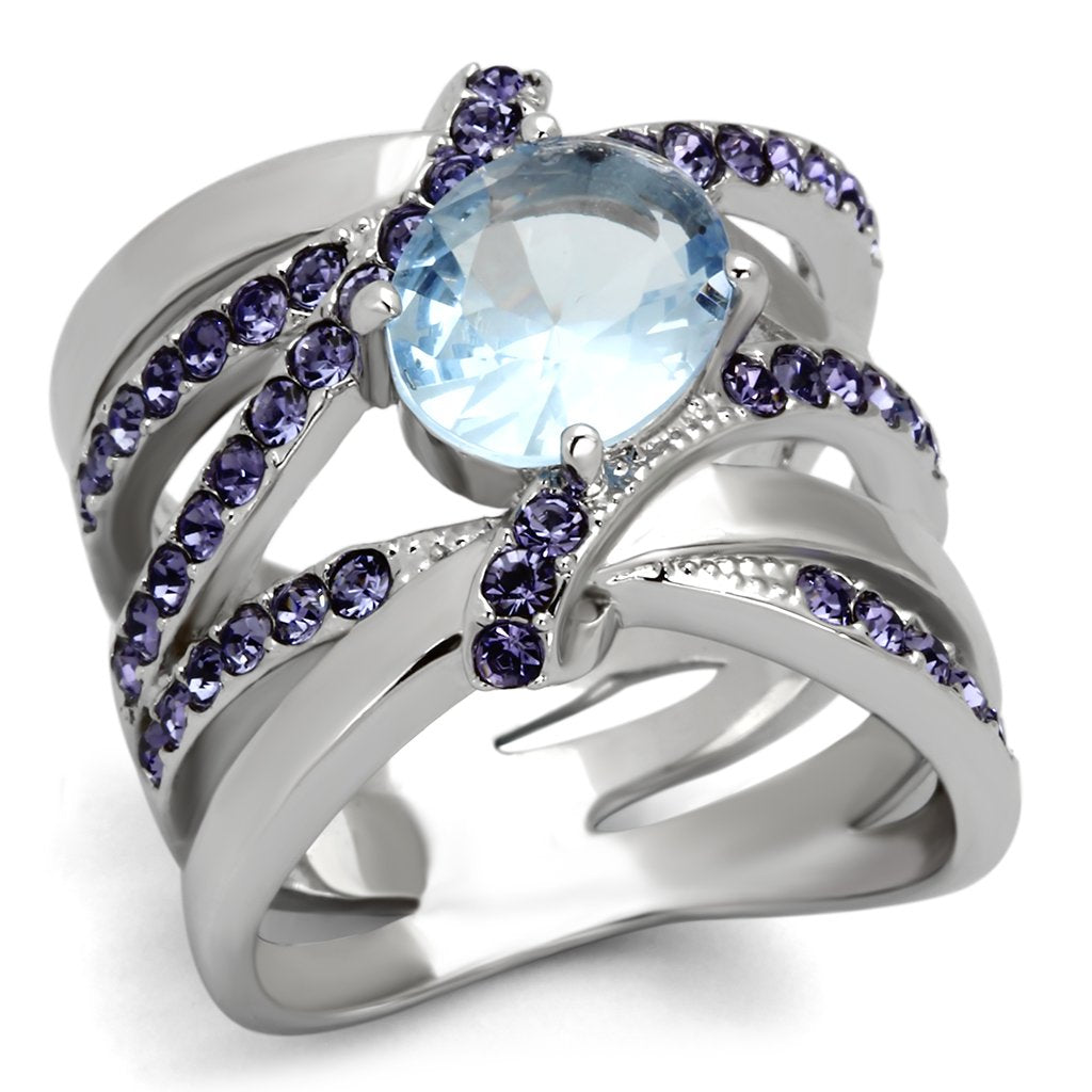 High polished (no plating) Stainless Steel Ring with Synthetic Synthetic Glass in Light Sapphire