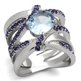 High polished (no plating) Stainless Steel Ring with Synthetic Synthetic Glass in Light Sapphire