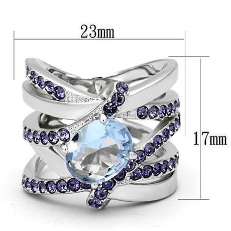 High polished (no plating) Stainless Steel Ring with Synthetic Synthetic Glass in Light Sapphire