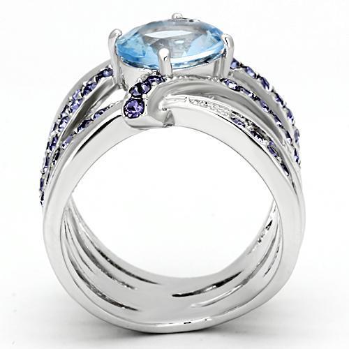 High polished (no plating) Stainless Steel Ring with Synthetic Synthetic Glass in Light Sapphire