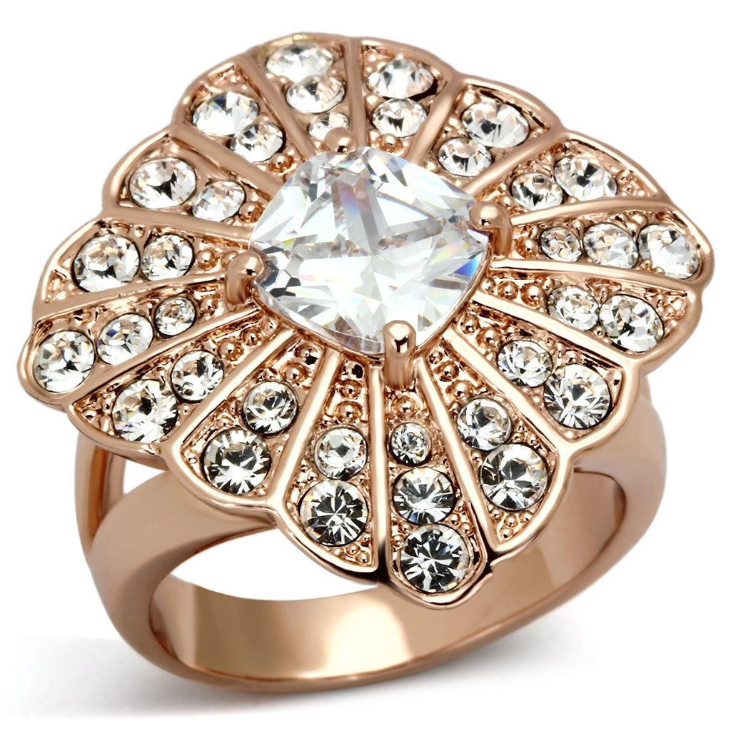 IP Rose Gold(Ion Plating) Stainless Steel Ring with AAA Grade CZ  in Clear