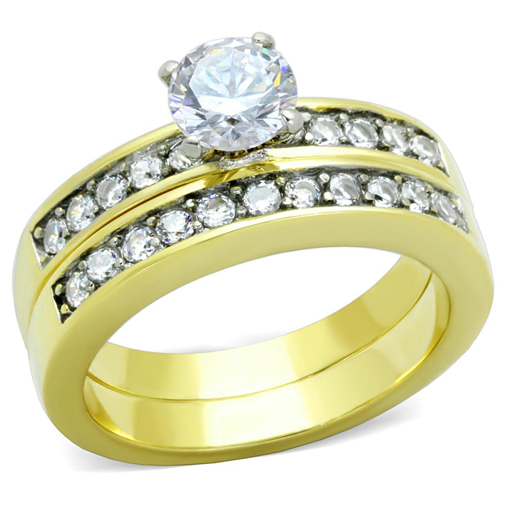Two-Tone IP Gold (Ion Plating) Stainless Steel Ring with AAA Grade CZ  in Clear