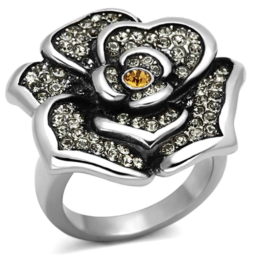 High polished (no plating) Stainless Steel Ring with Top Grade Crystal  in Topaz
