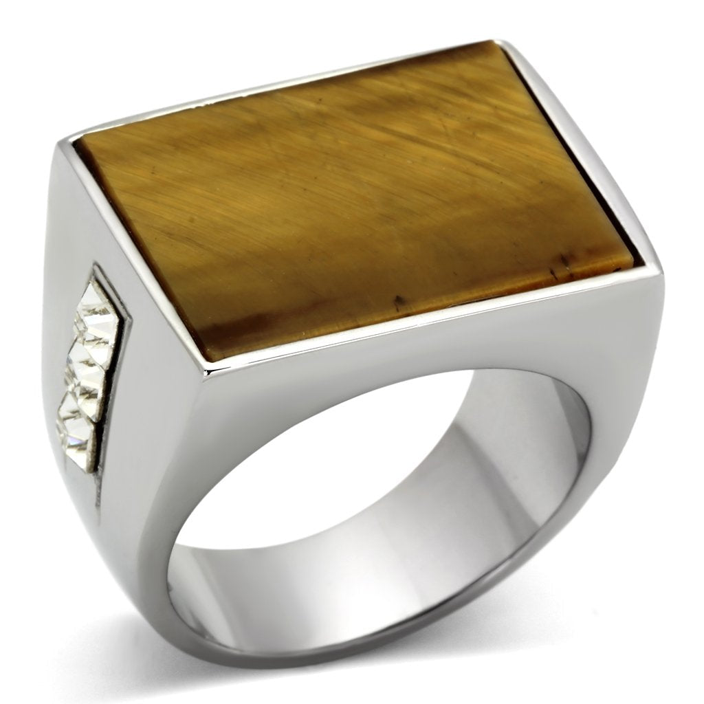 High polished (no plating) Stainless Steel Ring with Synthetic Tiger Eye in Topaz