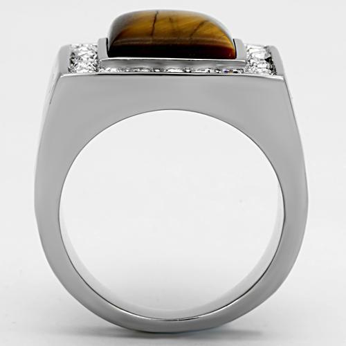High polished (no plating) Stainless Steel Ring with Synthetic Tiger Eye in Topaz
