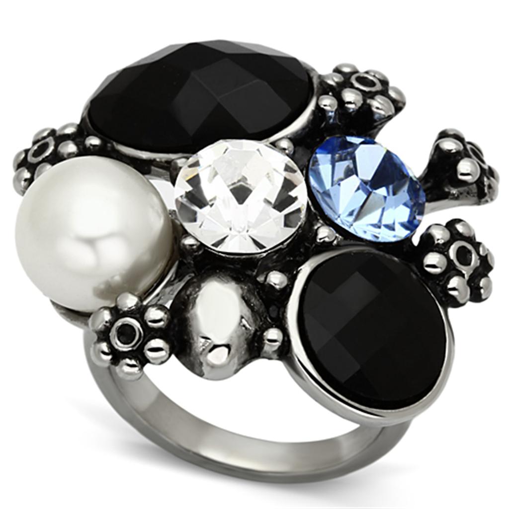 High polished (no plating) Stainless Steel Ring with Synthetic Synthetic Glass in Jet