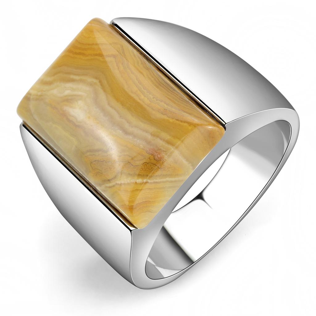 High polished (no plating) Stainless Steel Ring with Semi-Precious Agate in Brown