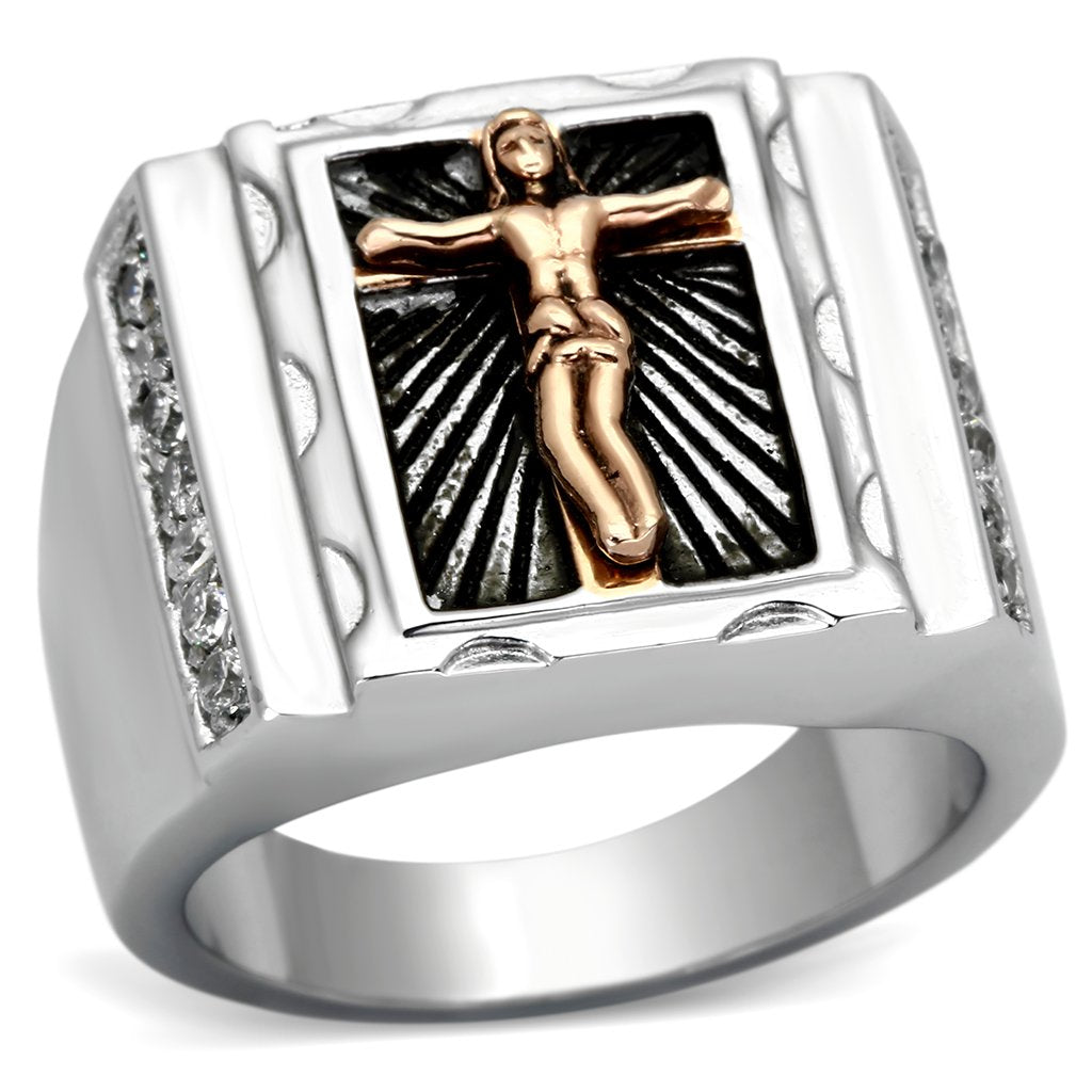 Two-Tone IP Rose Gold Stainless Steel Ring with AAA Grade CZ  in Clear