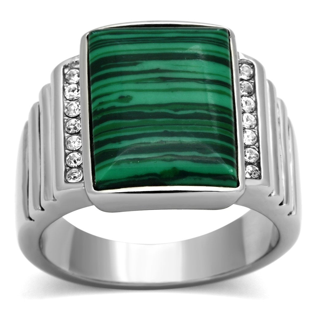 High polished (no plating) Stainless Steel Ring with Synthetic MALACHITE in Emerald