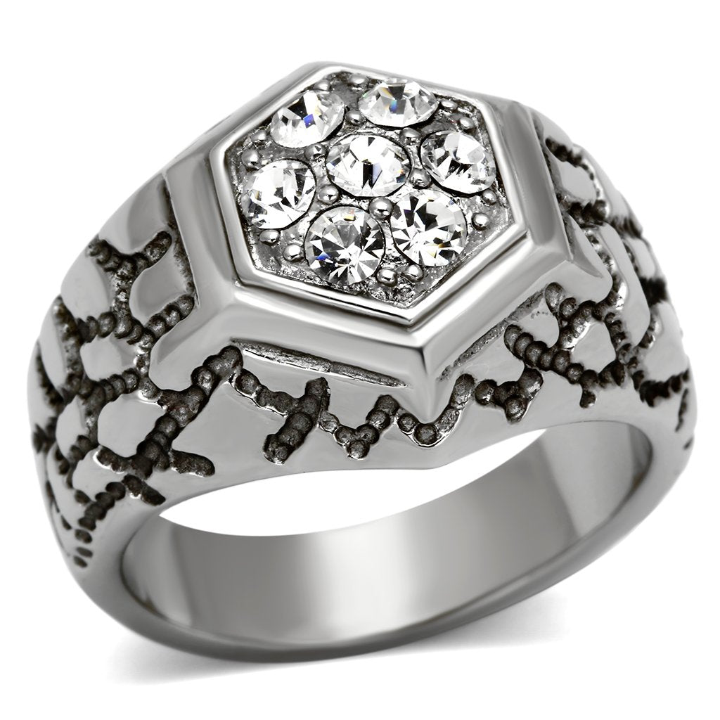 High polished (no plating) Stainless Steel Ring with Top Grade Crystal  in Clear