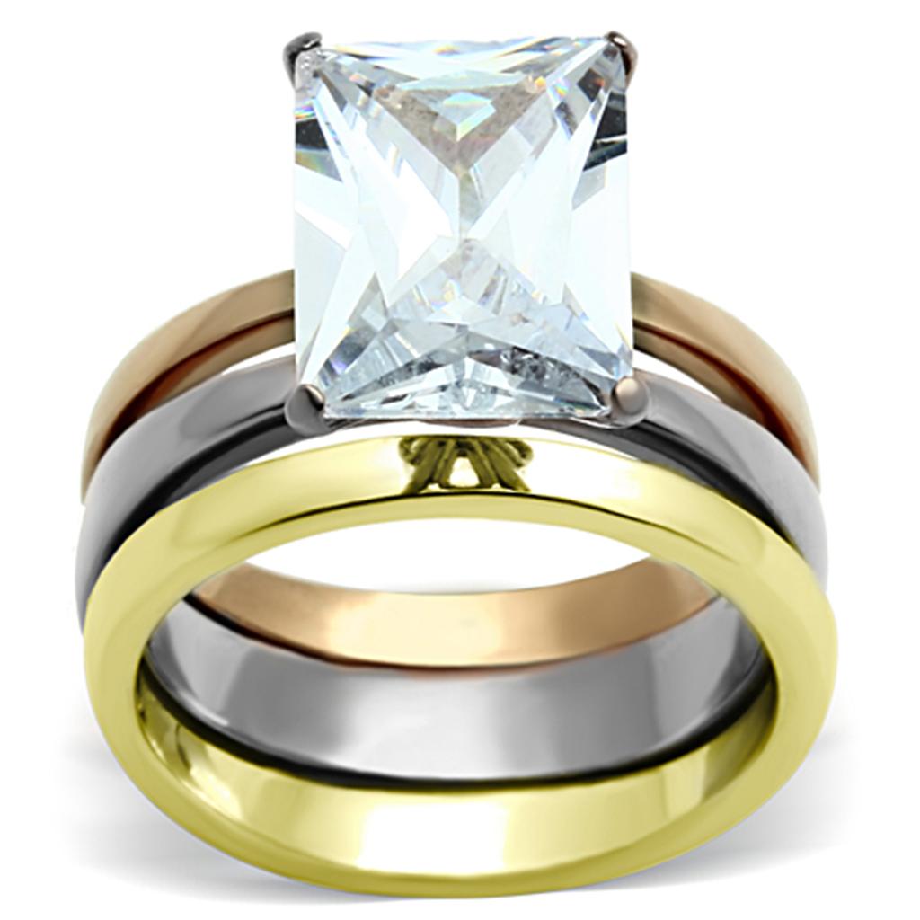 Three Tone (IP Gold & IP Rose Gold & High Polished) Stainless Steel Ring with AAA Grade CZ  in Clear