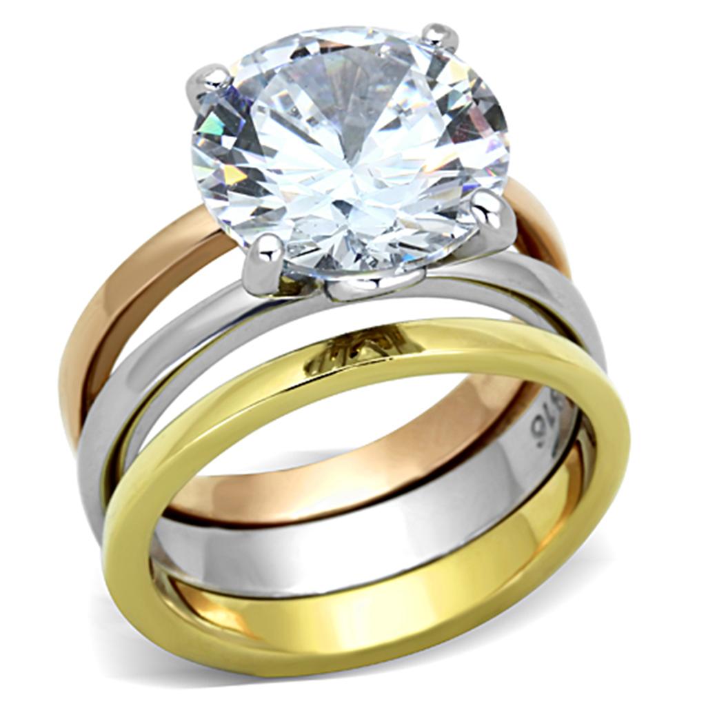 Three Tone (IP Gold & IP Rose Gold & High Polished) Stainless Steel Ring with AAA Grade CZ  in Clear