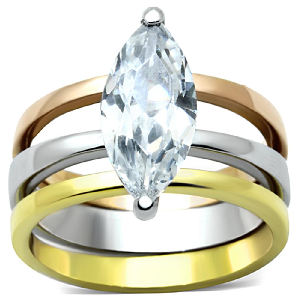 Three Tone (IP Gold & IP Rose Gold & High Polished) Stainless Steel Ring with AAA Grade CZ  in Clear
