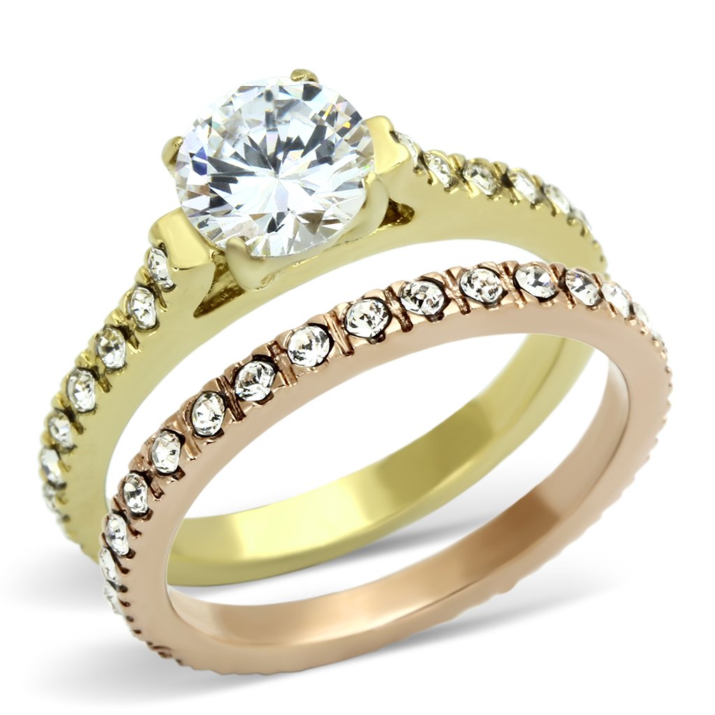 IP Gold & IP Rose Gold (Ion Plating) Stainless Steel Ring with AAA Grade CZ  in Clear