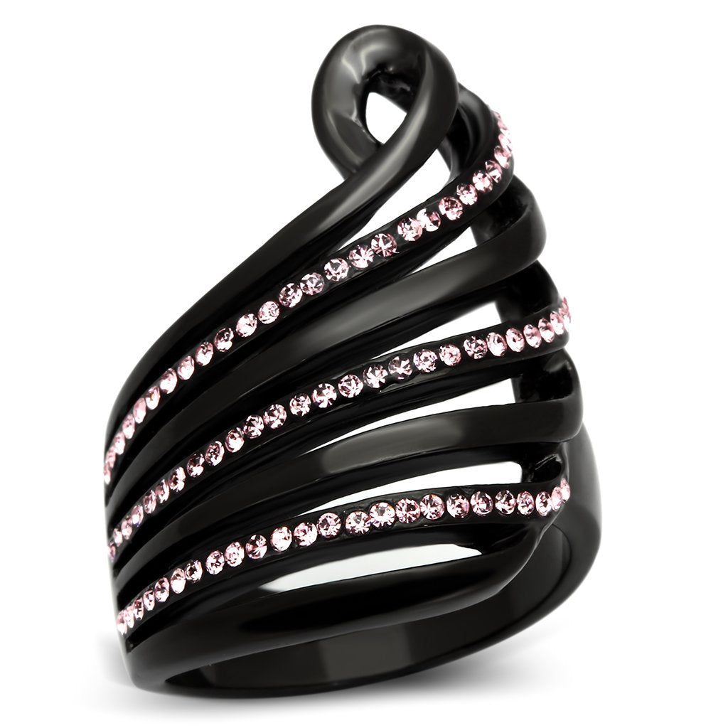 IP Black(Ion Plating) Stainless Steel Ring with Top Grade Crystal  in Light Rose