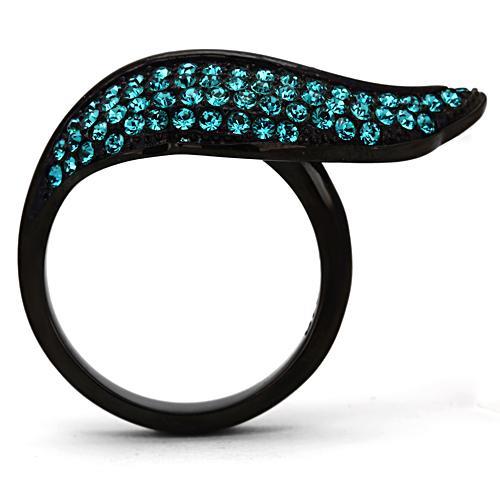 IP Black(Ion Plating) Stainless Steel Ring with Top Grade Crystal  in Blue Zircon