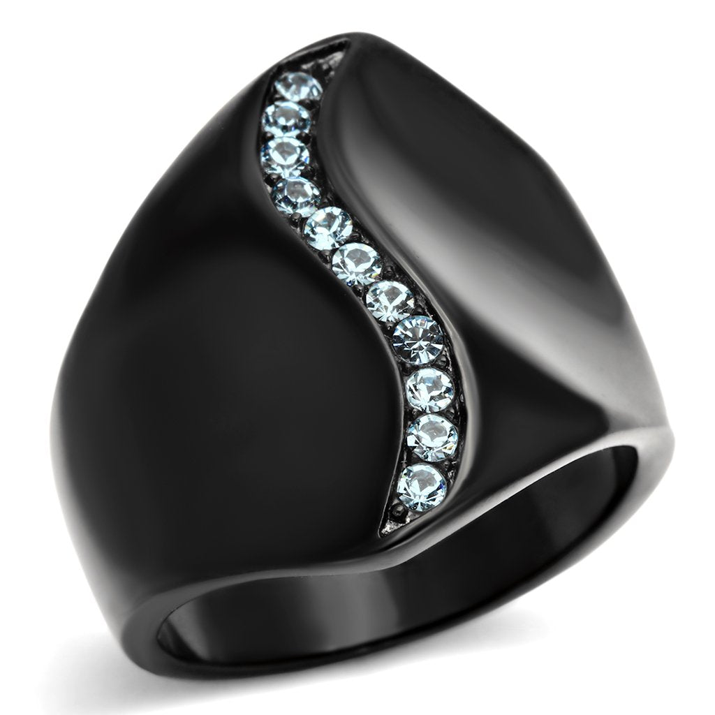 IP Black(Ion Plating) Stainless Steel Ring with Top Grade Crystal  in Sea Blue