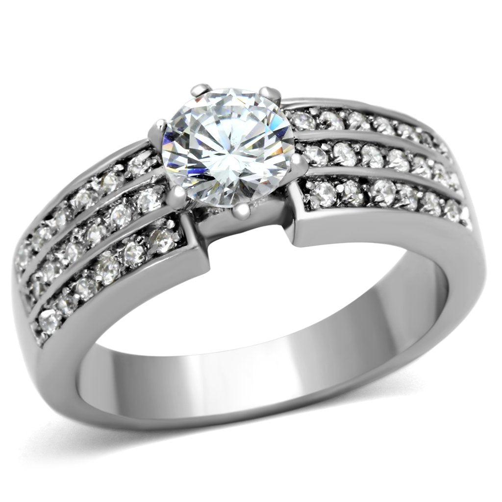 High polished (no plating) Stainless Steel Ring with AAA Grade CZ  in Clear